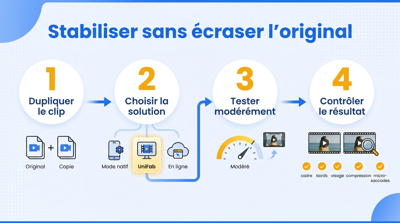 Frise en quatre étapes pour dupliquer un clip, choisir une solution, tester une correction modérée p