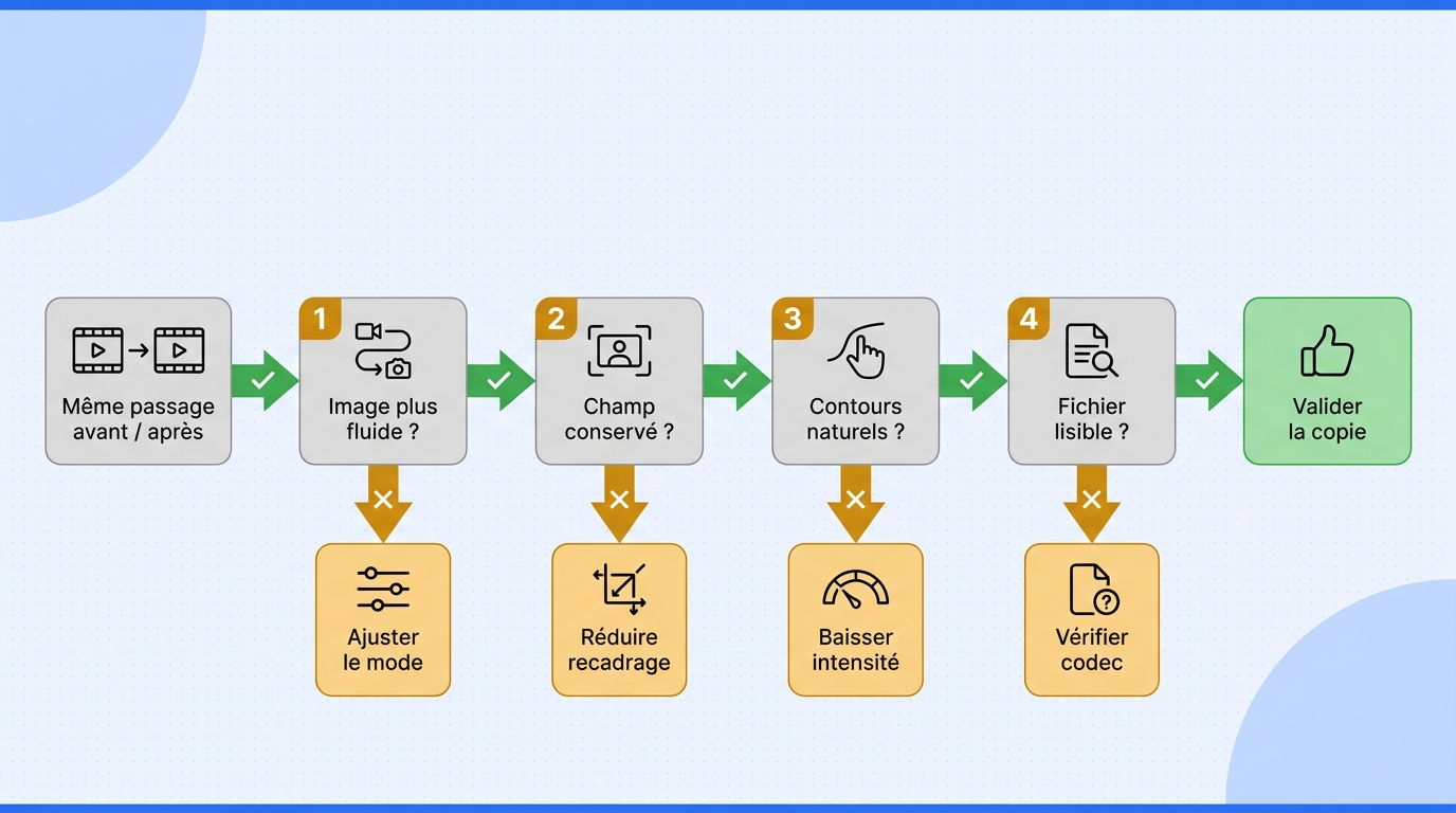Organigramme de contrôle du résultat vérifiant fluidité, champ de vision, contours naturels et lisib