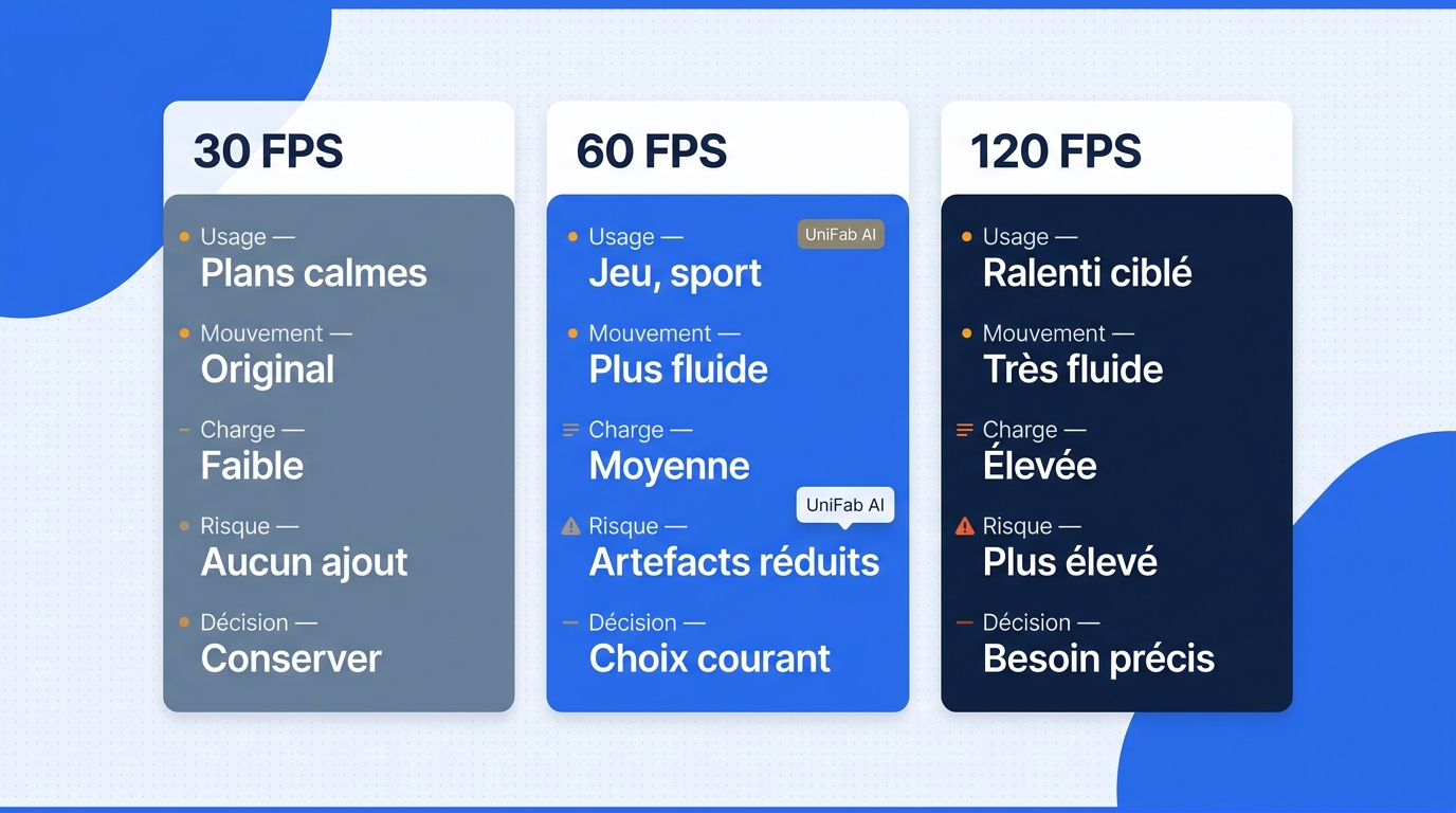 Matrice comparant 30, 60 et 120 FPS selon l'usage, la fluidité, la charge de calcul et le risque d'a