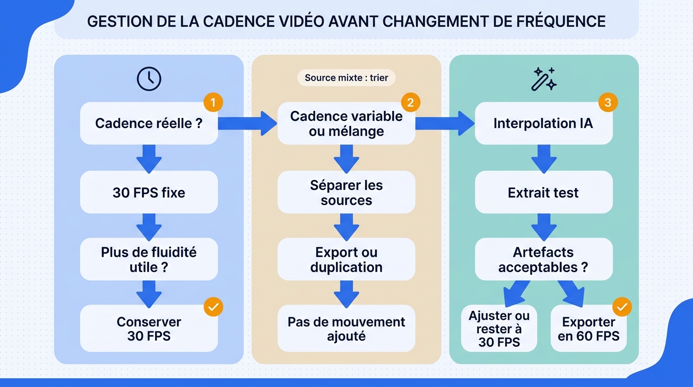 Organigramme en français pour choisir entre conservation à 30 FPS, duplication d'images et interpola