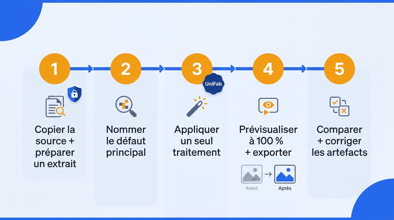 Frise horizontale en cinq étapes : copier la source, nommer le défaut, appliquer un traitement, prév