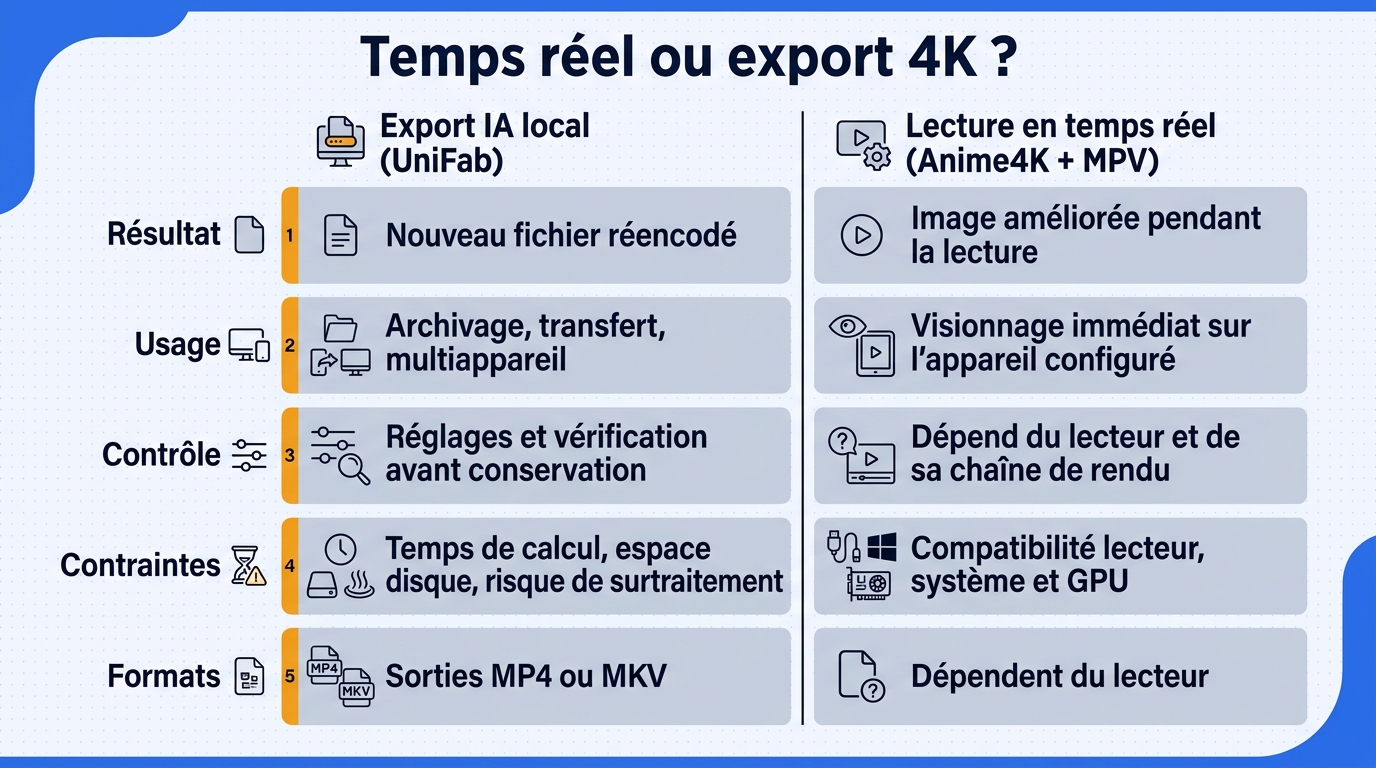 Matrice en français comparant l’export IA local avec UniFab et la lecture en temps réel avec Anime4K