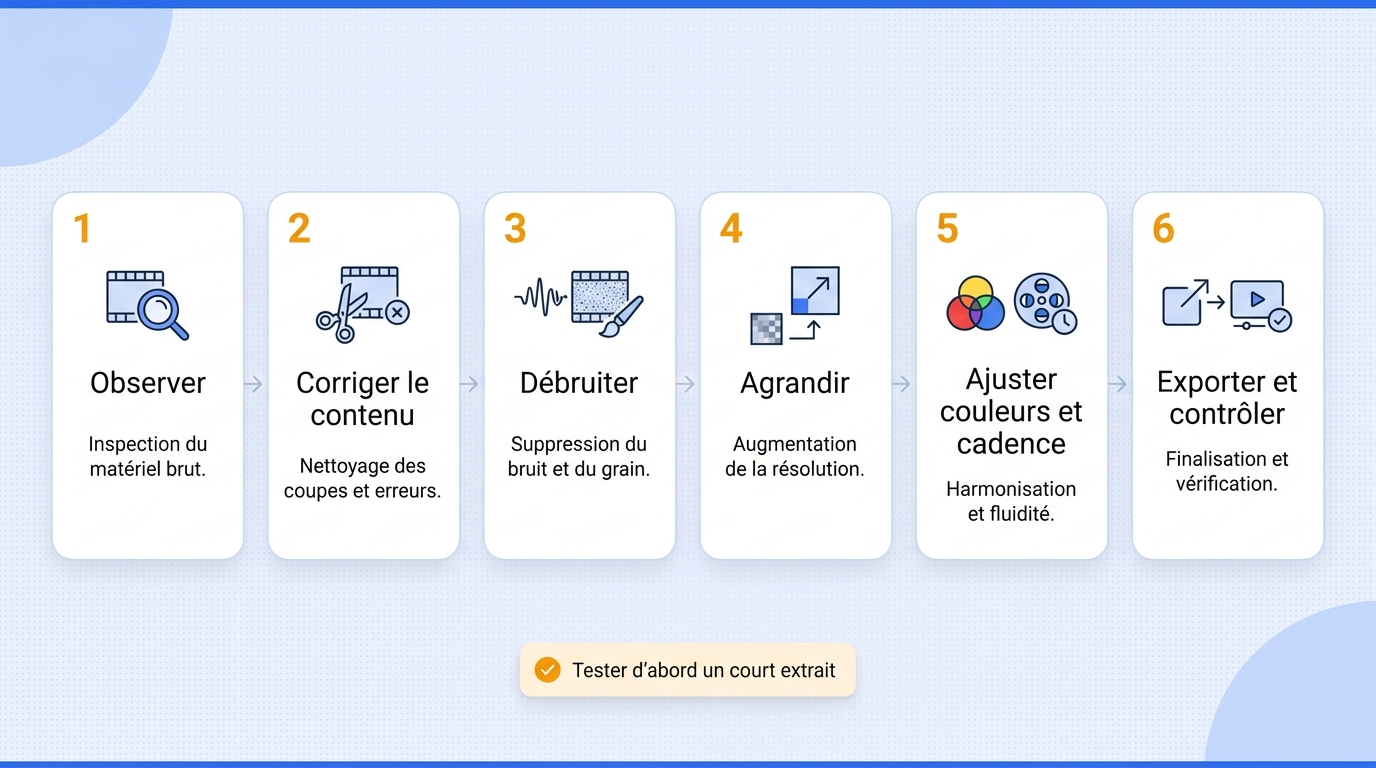 Frise en six étapes montrant l’ordre recommandé pour améliorer une vidéo générée par IA.