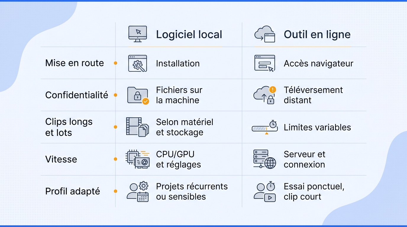 Matrice comparant un logiciel local et un outil en ligne pour améliorer une vidéo IA.
