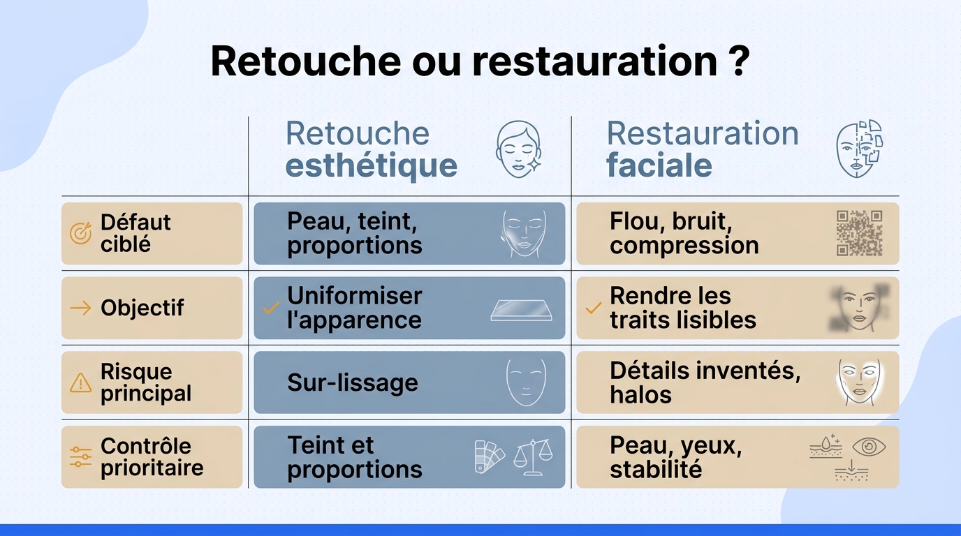 Retouche et restauration ne ciblent ni les mêmes défauts ni les mêmes risques.