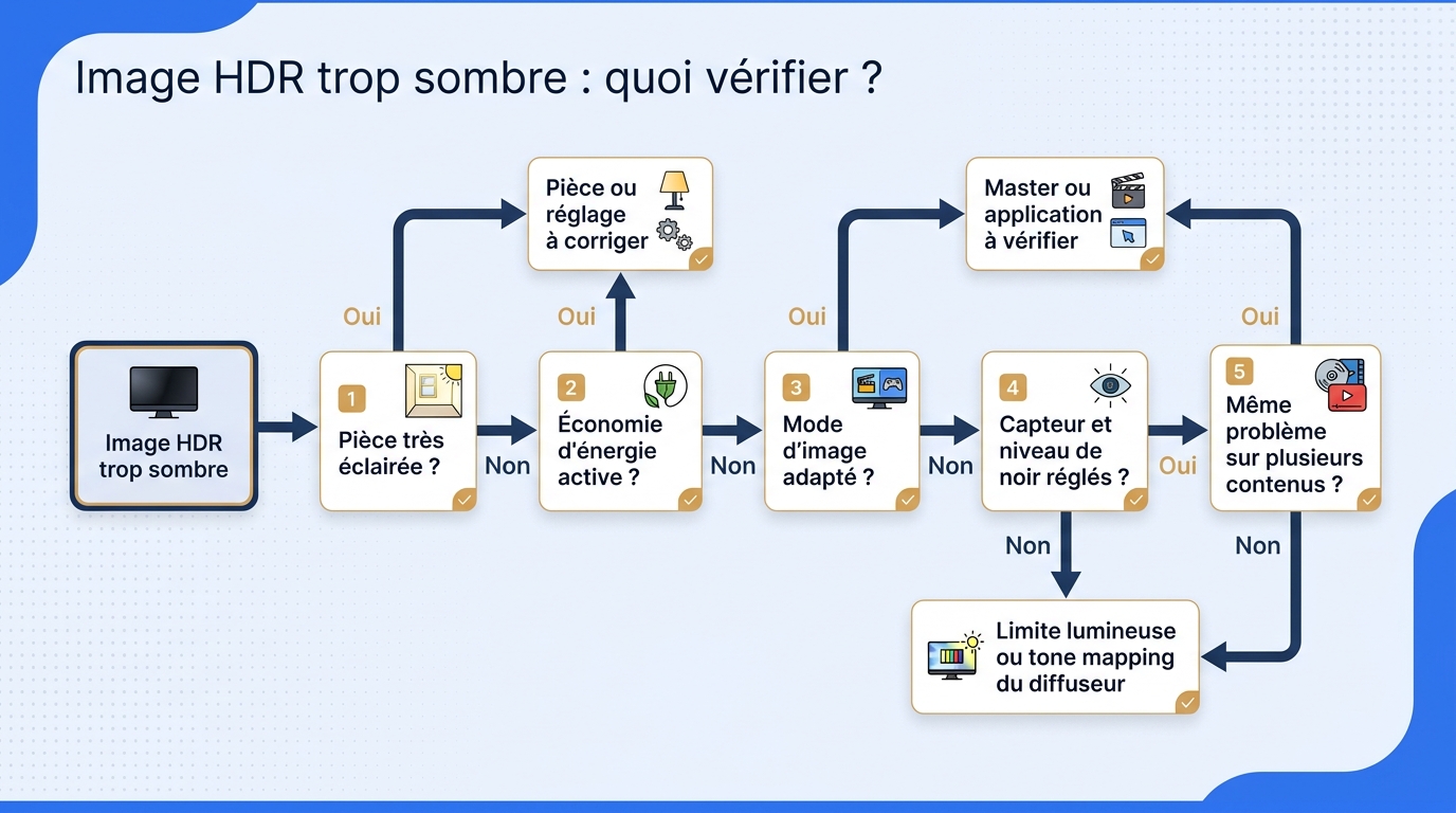 Flowchart en français pour diagnostiquer une image HDR trop sombre selon la pièce, les réglages, le