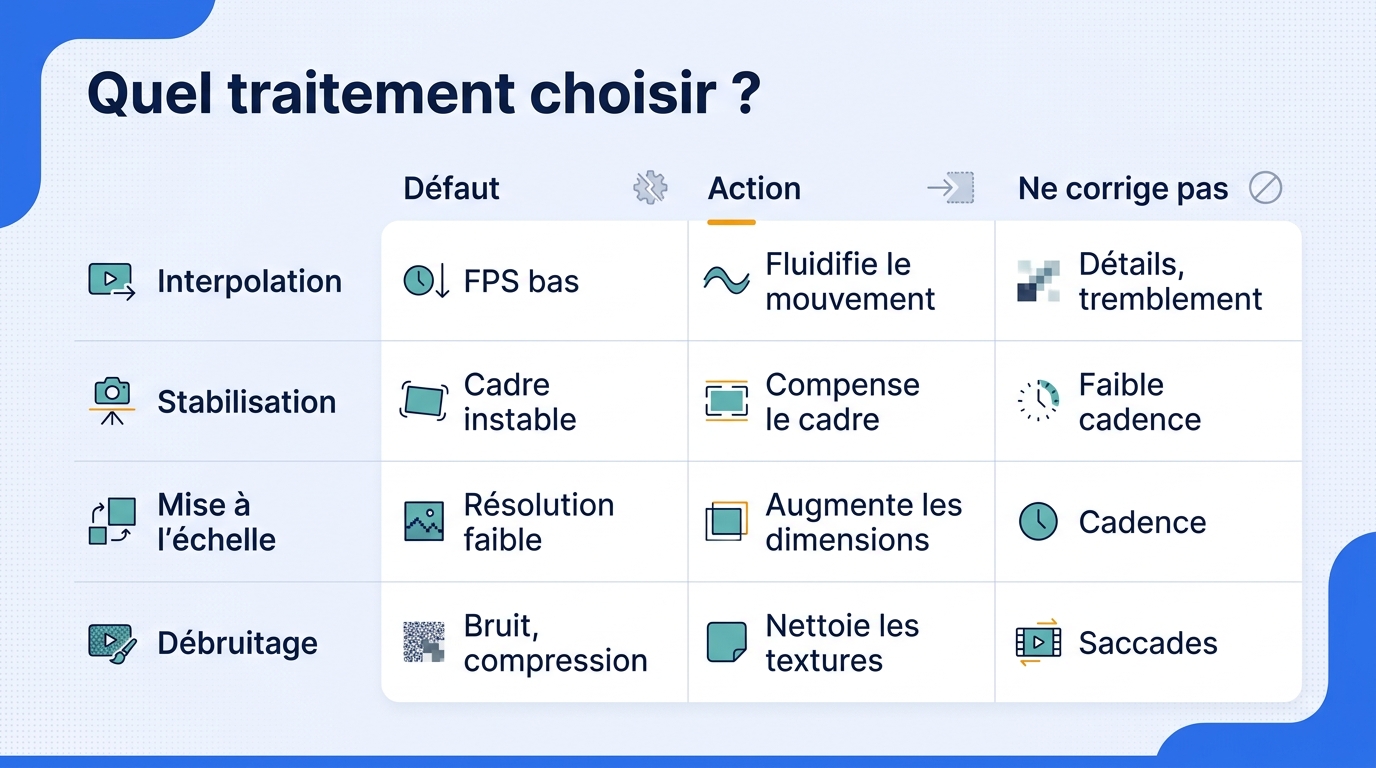 Matrice comparant interpolation, stabilisation, mise à l’échelle et débruitage selon le défaut vidéo