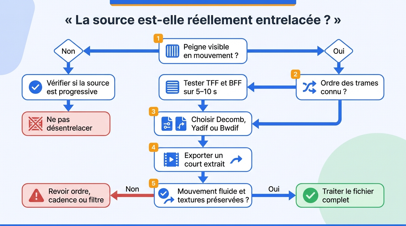 Décider si la source doit être désentrelacée et quoi vérifier quand le mouvement reste saccadé.