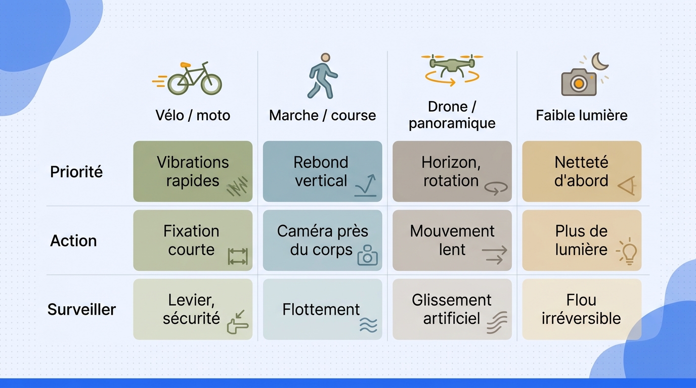 Matrice de réglages pour vélo ou moto, marche ou course, drone ou panoramique et faible lumière.