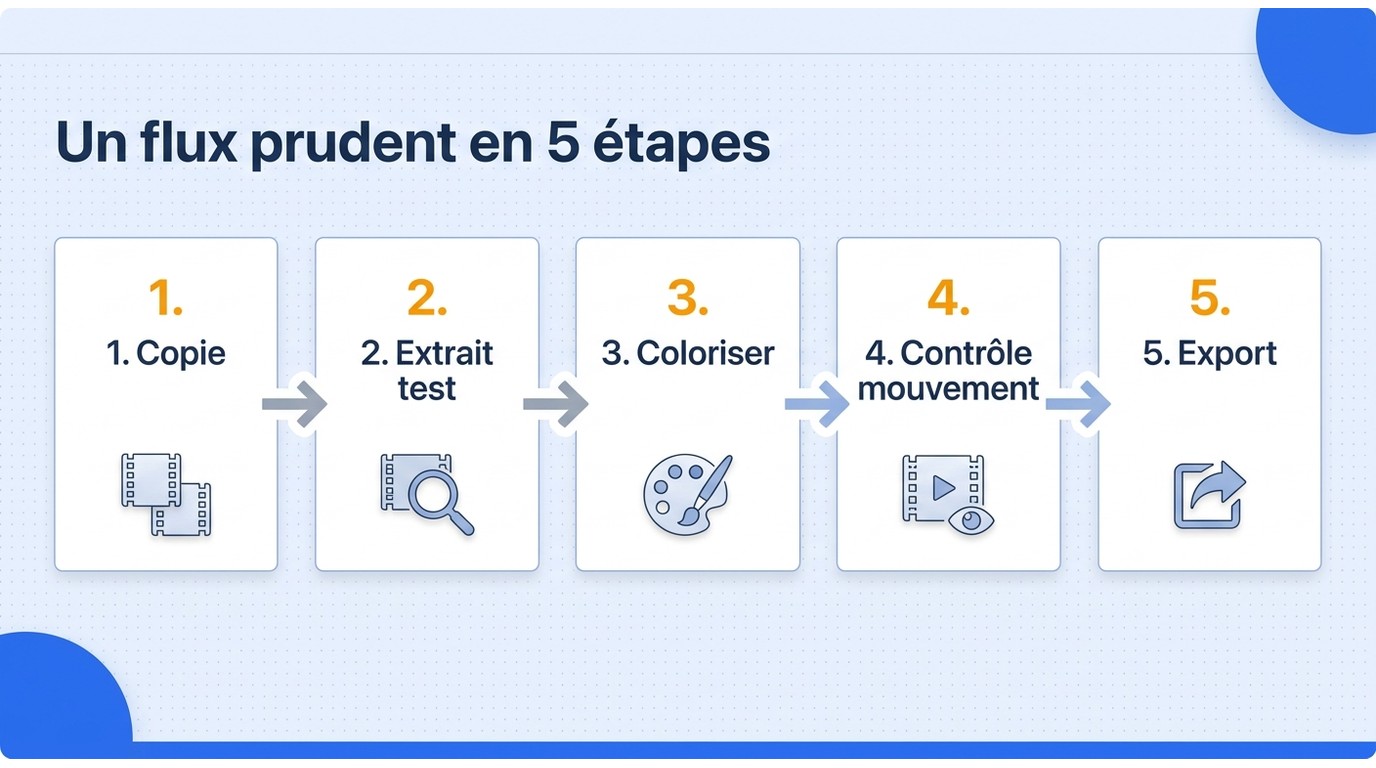 Frise en cinq étapes montrant comment copier la source, tester un extrait, coloriser, contrôler le m