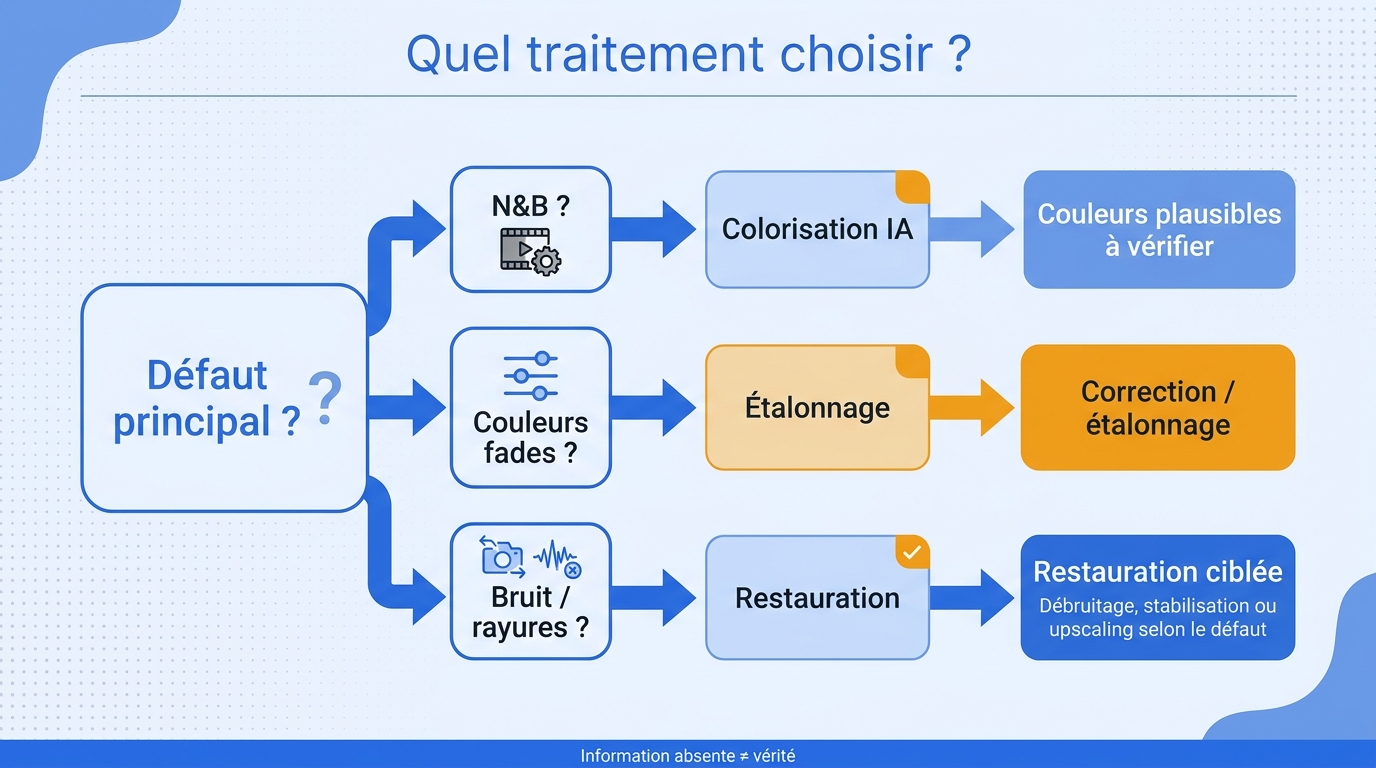 Arbre de décision en français distinguant colorisation IA, étalonnage et restauration selon le défau