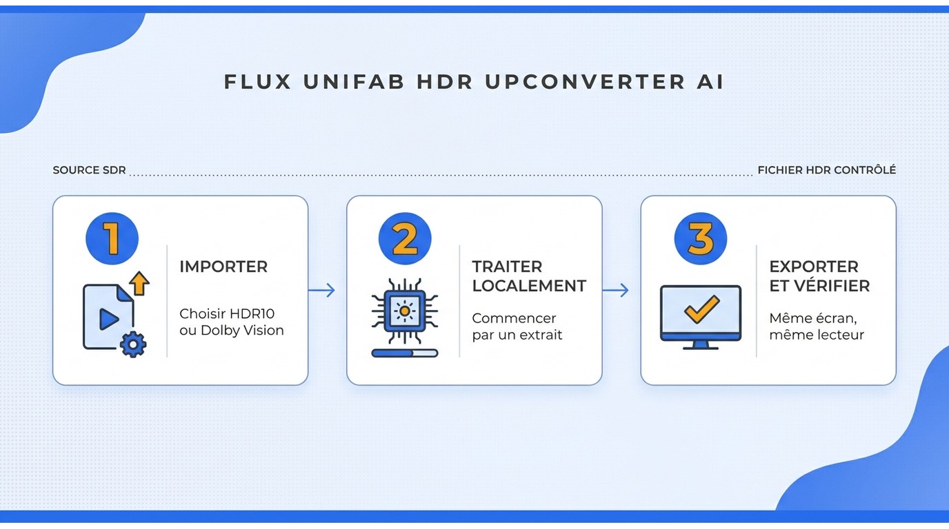Suivre le flux UniFab en trois étapes tout en gardant le contrôle de l'extrait et de l'écran cible.