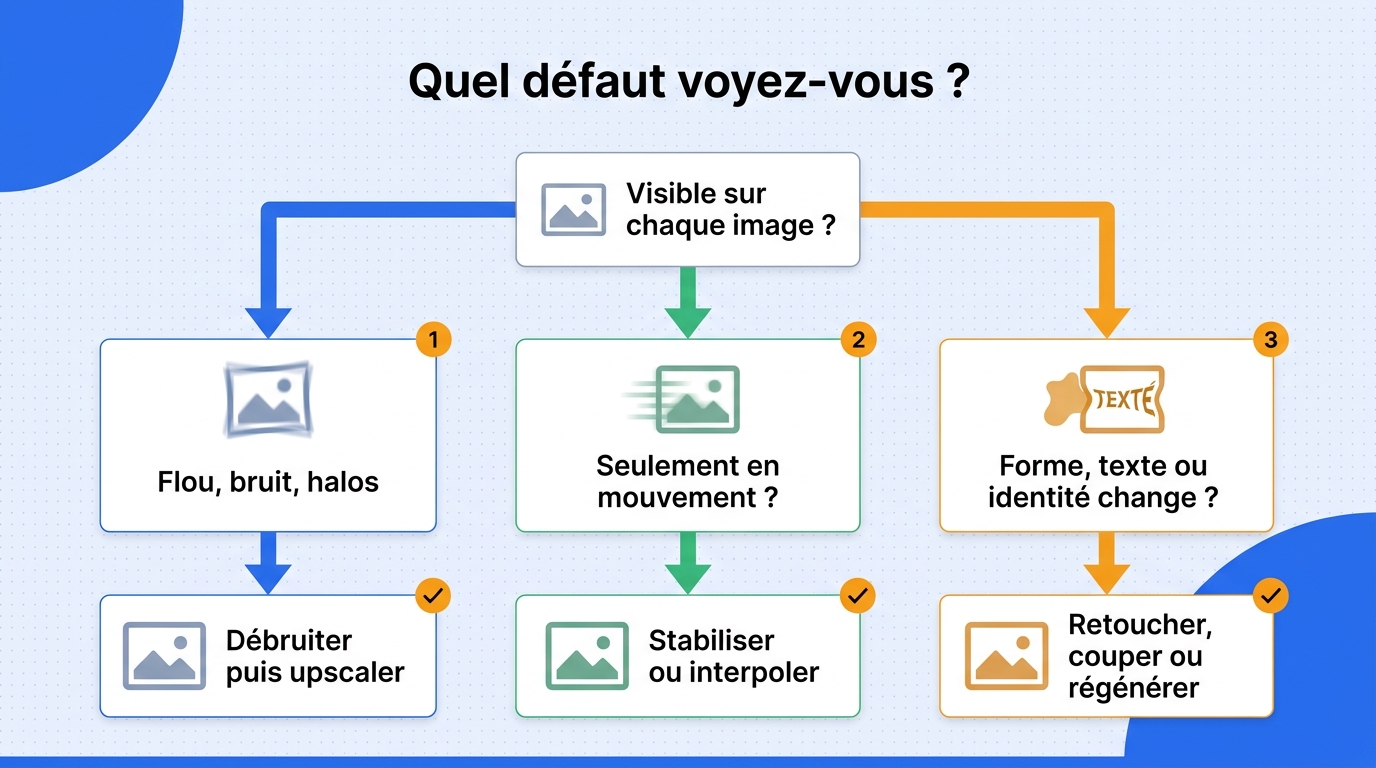 Arbre de décision en français reliant les défauts d’une vidéo IA aux traitements adaptés.