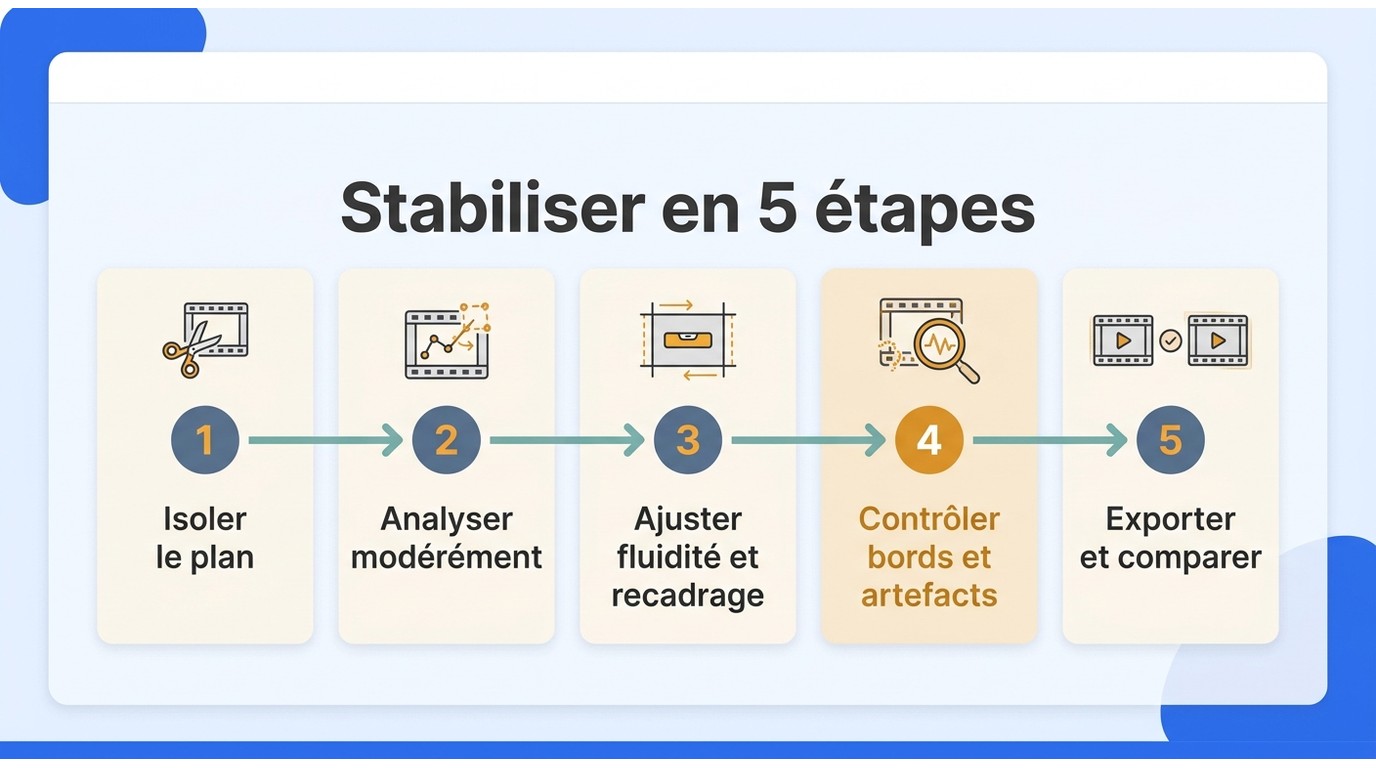 Frise en cinq étapes montrant comment isoler, analyser, ajuster, contrôler puis exporter une vidéo s