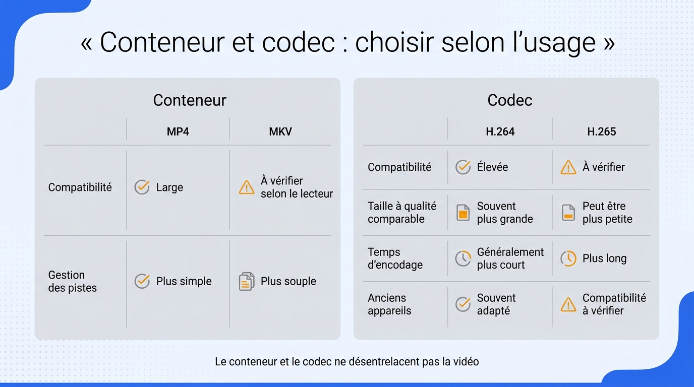 Choisir un conteneur et un codec selon la compatibilité, les pistes, la taille et le temps d’encodag