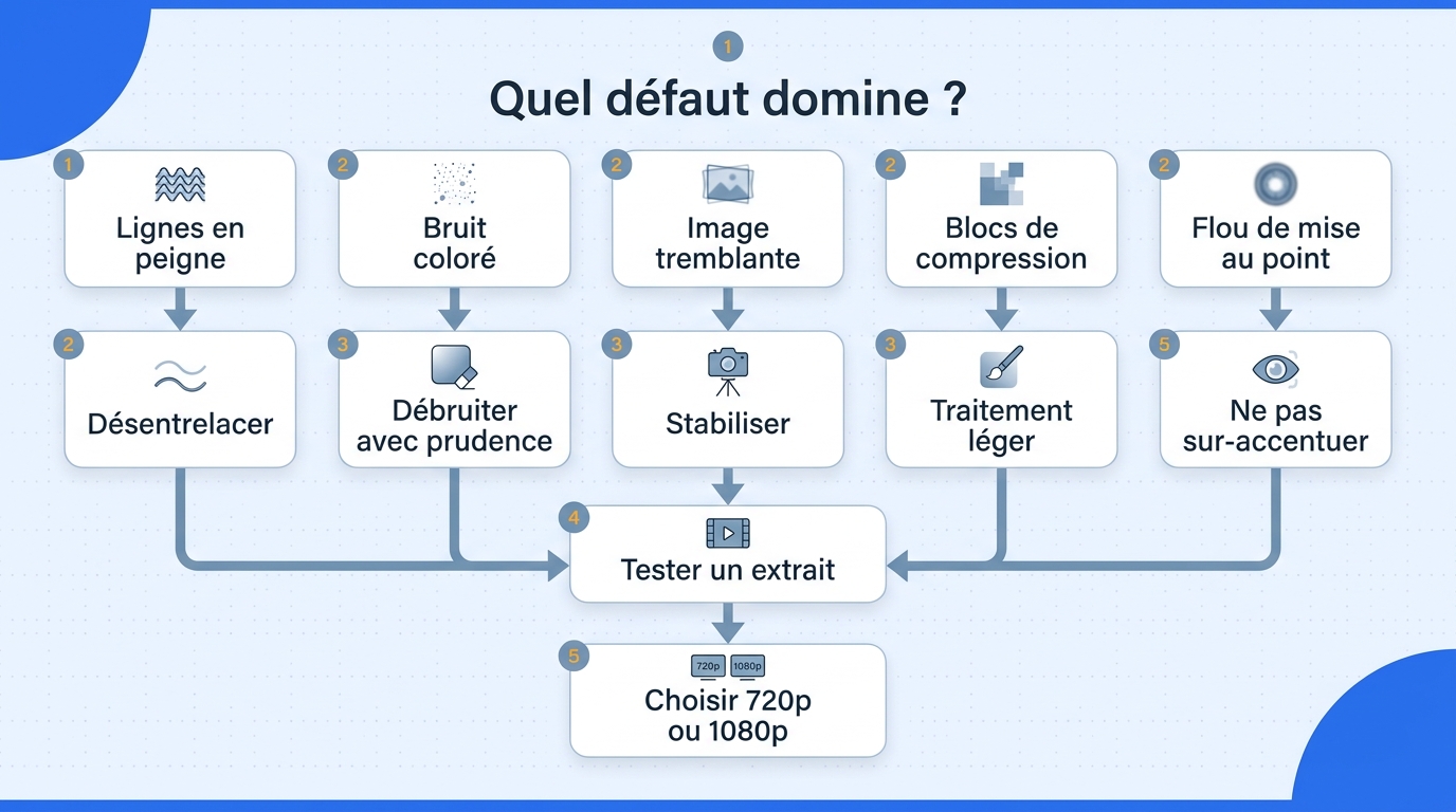 Organigramme reliant lignes en peigne, bruit, tremblement, blocs et flou aux traitements à effectuer