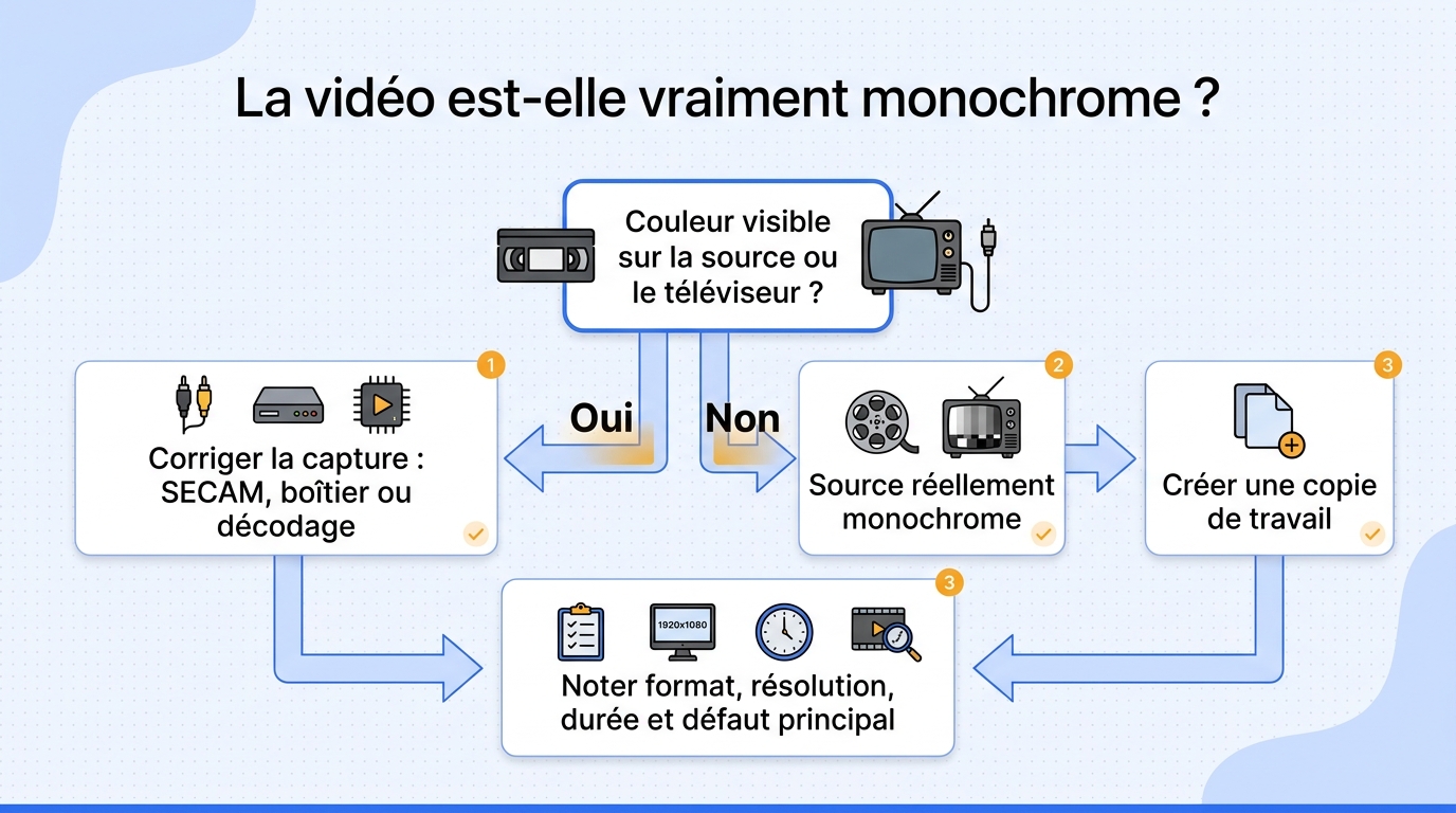 Arbre de décision en français pour vérifier si une vidéo est réellement monochrome ou si la capture 