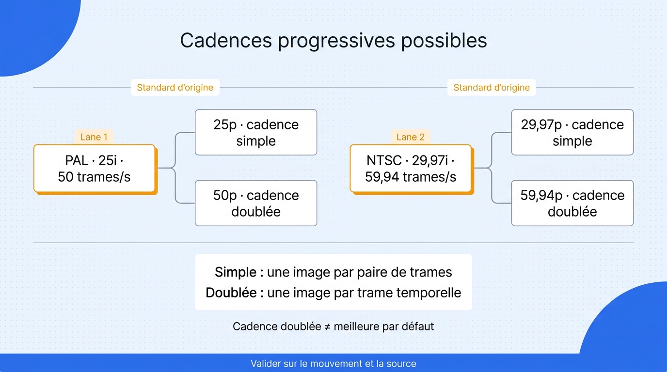 Graphique de référence en français reliant une source PAL 25i ou NTSC 29,97i aux sorties progressive