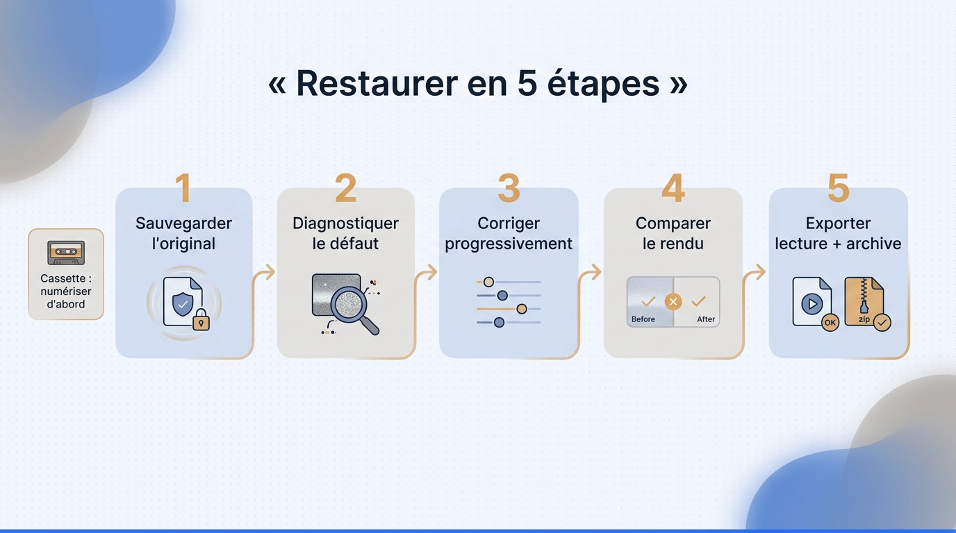 Frise en cinq étapes allant de la sauvegarde de l'original à l'export d'une copie de lecture et d'un