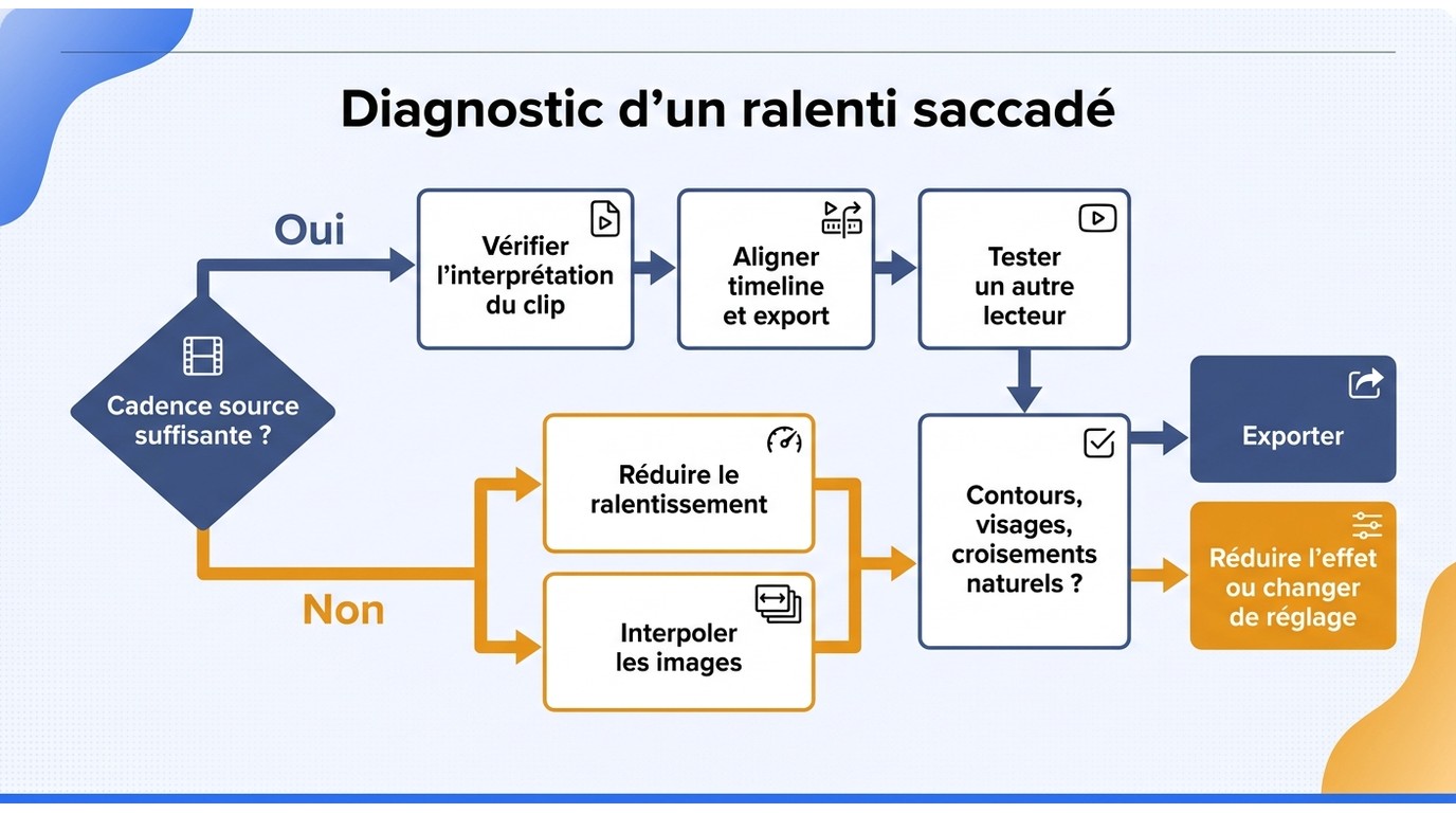 Organigramme en français pour diagnostiquer un ralenti saccadé depuis la cadence source jusqu’au con