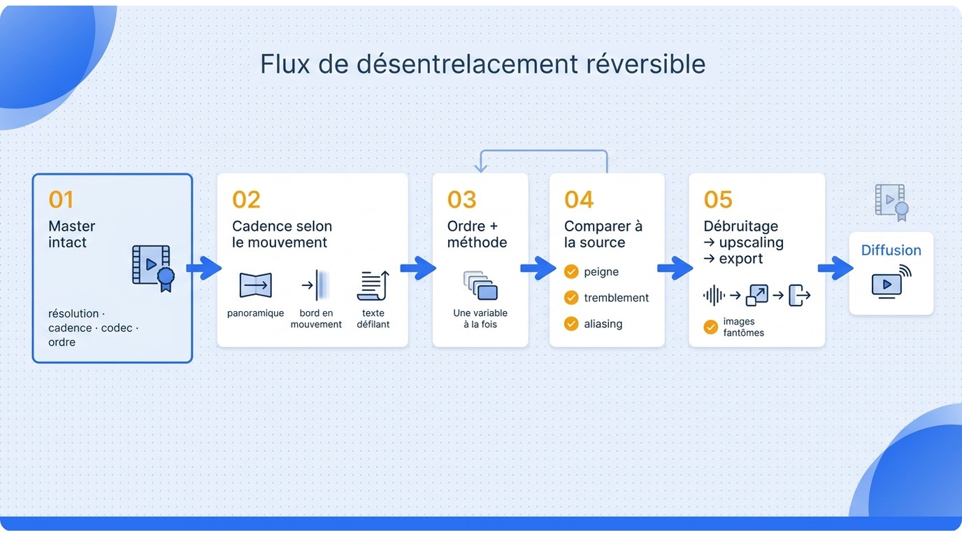 Frise en cinq étapes montrant un flux de désentrelacement réversible, du master source à la copie de