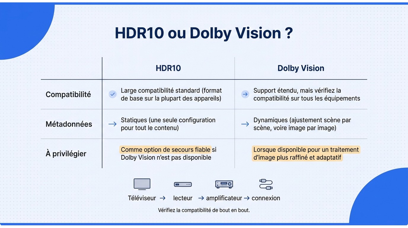 Matrice en français comparant HDR10 et Dolby Vision selon la compatibilité, les métadonnées et la de