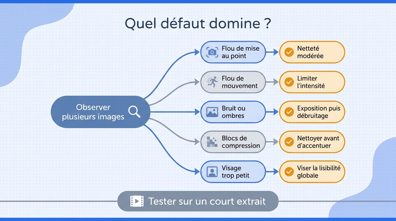 Arbre de diagnostic reliant flou, mouvement, bruit, compression ou petit visage à une première actio