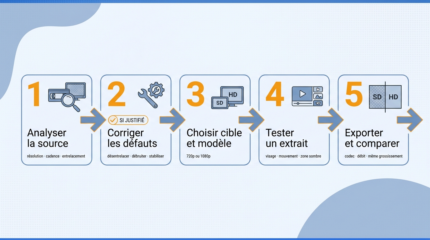 Frise en cinq étapes allant de l'analyse de la source à l'export et à la comparaison du résultat 108