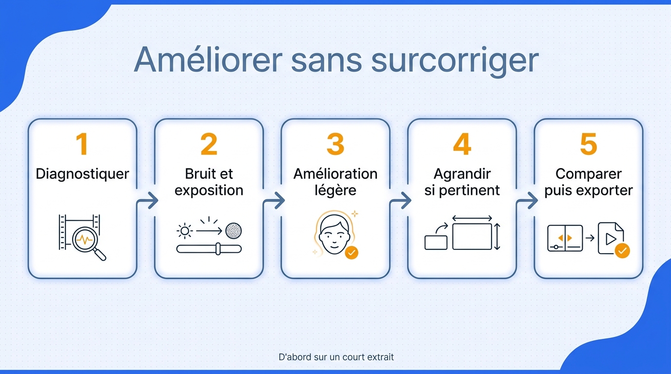 Frise en cinq étapes allant du diagnostic à l'export après contrôle du visage en mouvement.