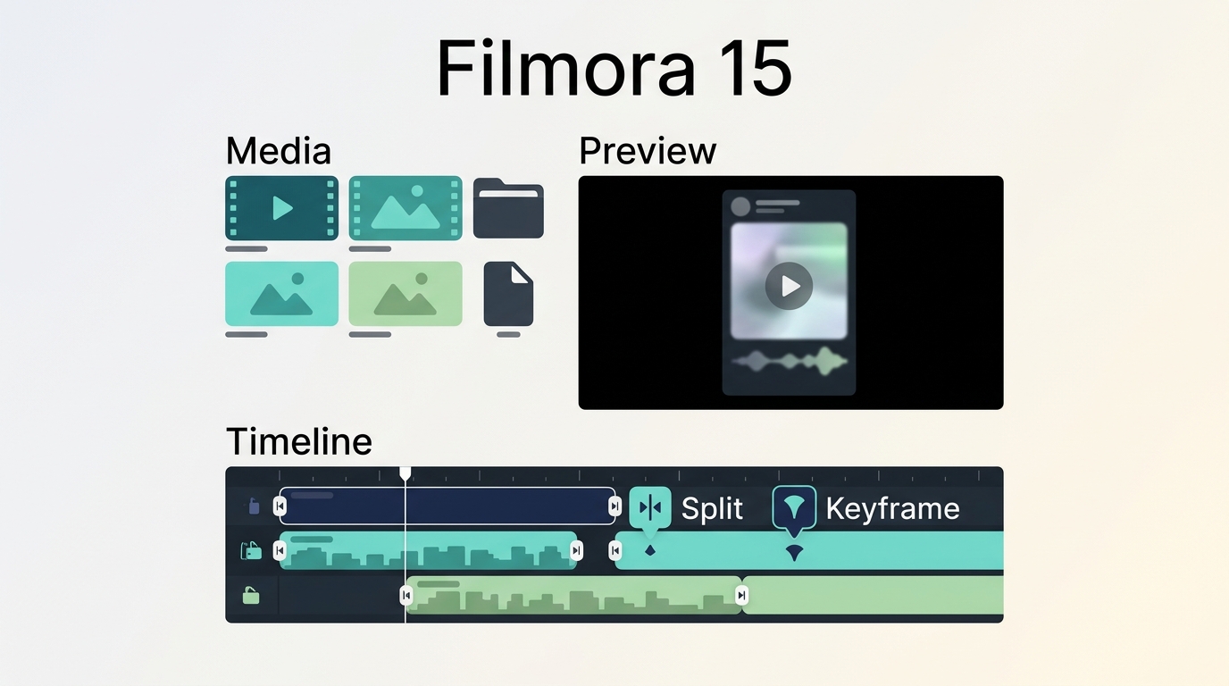 Filmora 15 workspace with media library, preview window, and multi-track timeline.