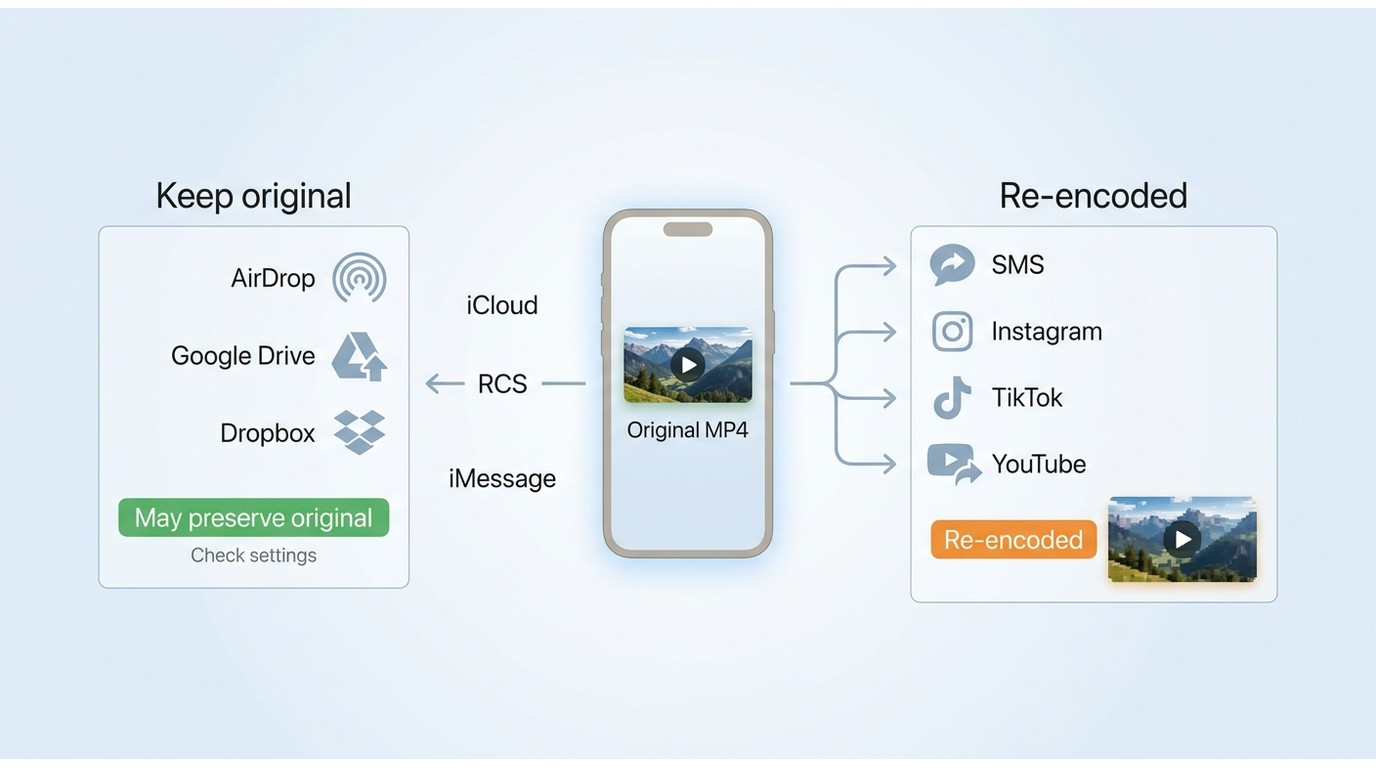 Original video transfer options versus compressed SMS, Instagram, TikTok, and YouTube copies.