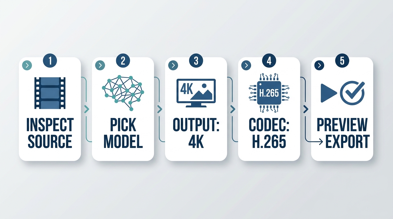 Five-step workflow to upscale 1080p to 4K: Inspect source, pick model, set 3840×2160, choose HEVC, p