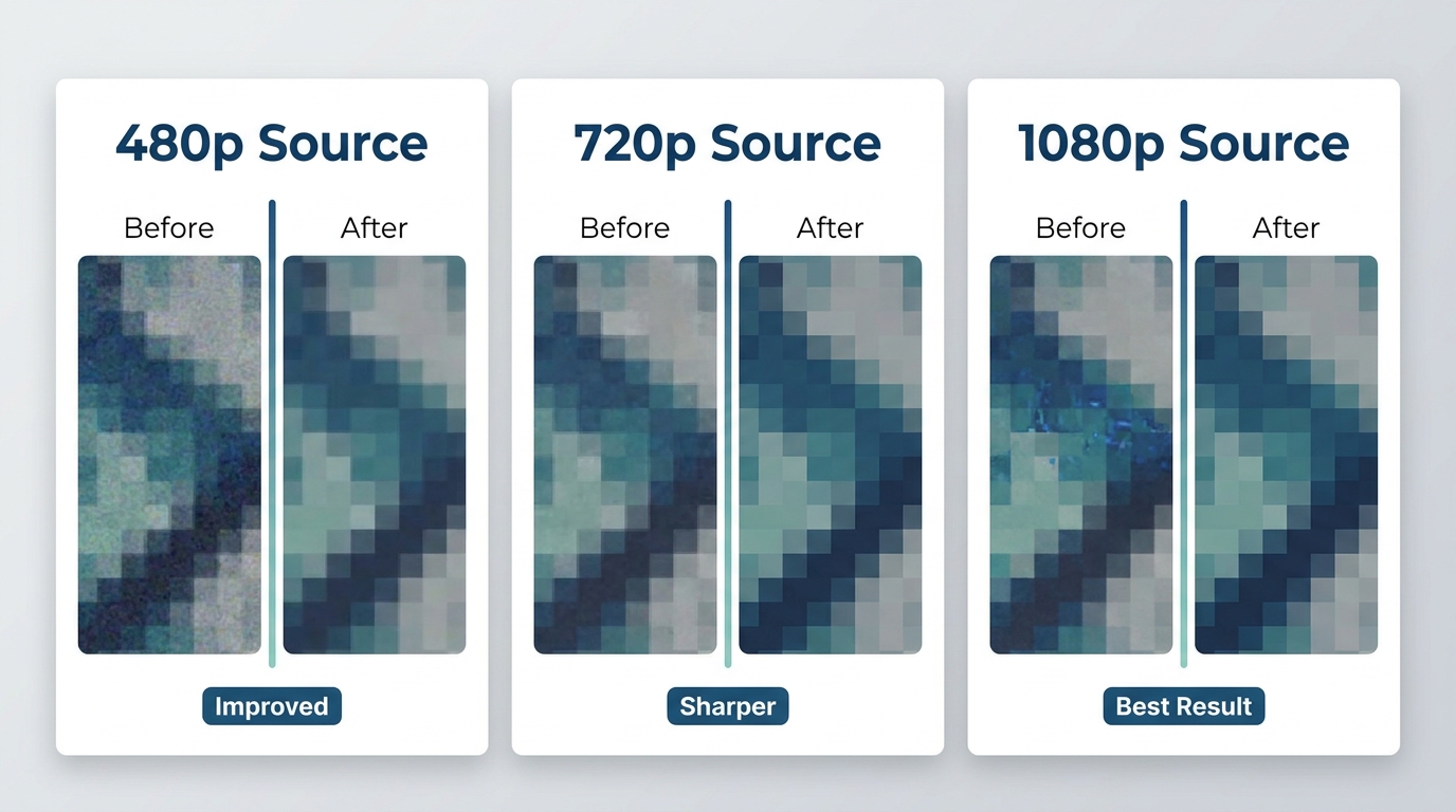 Before/after AI upscaling comparison for 480p, 720p, and 1080p sources — sharpness improvement varie