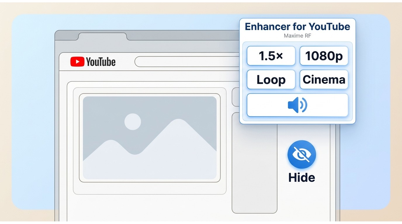 Enhancer for YouTube controls for 1080p, speed, loop, volume and hiding recommendations