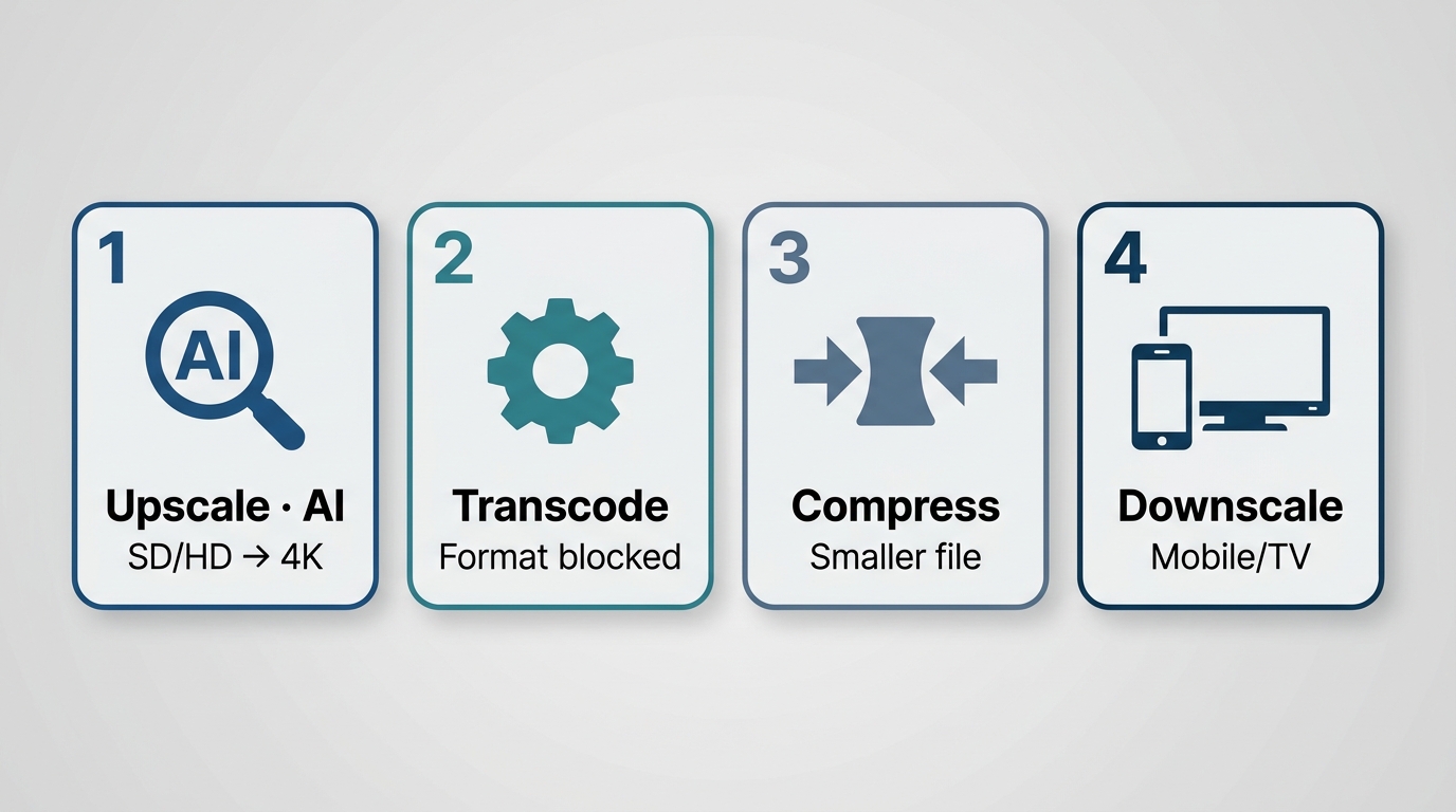 Decision tree: Upscale vs Transcode vs Compress vs Downscale — pick your 4K conversion task by sourc