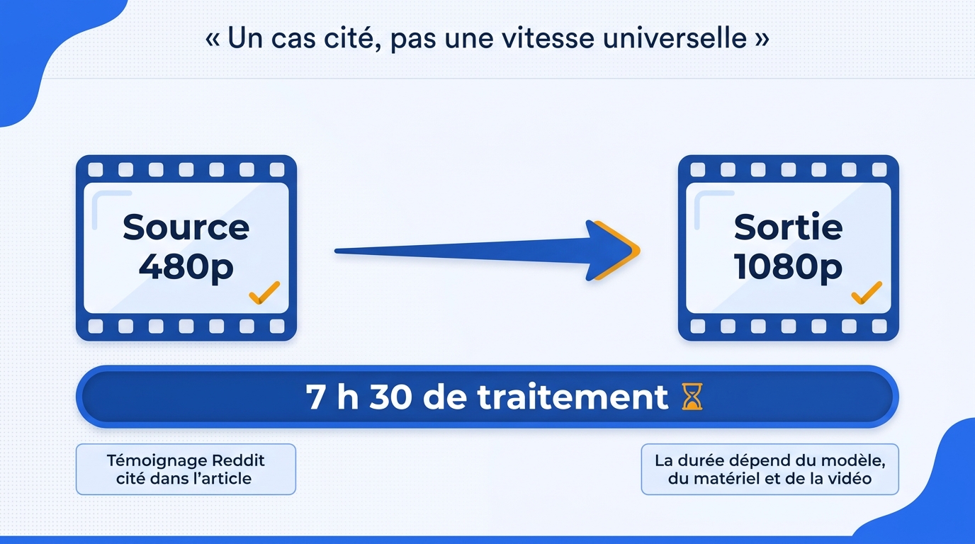 Graphique en français montrant un cas cité de mise à l’échelle de 480p vers 1080p ayant demandé 7 he