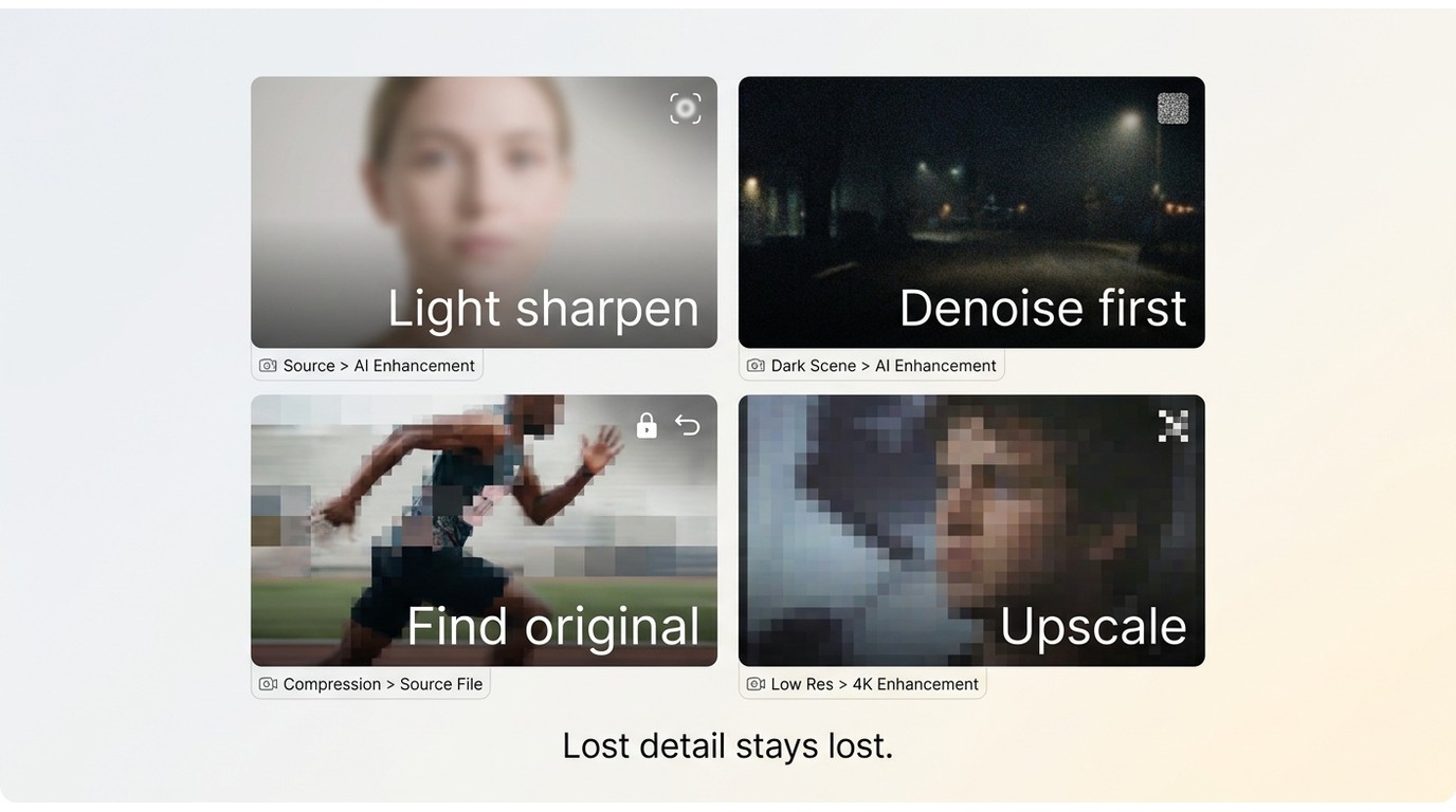 Video clarity symptoms matched to sharpening, denoising, original retrieval, and upscaling.