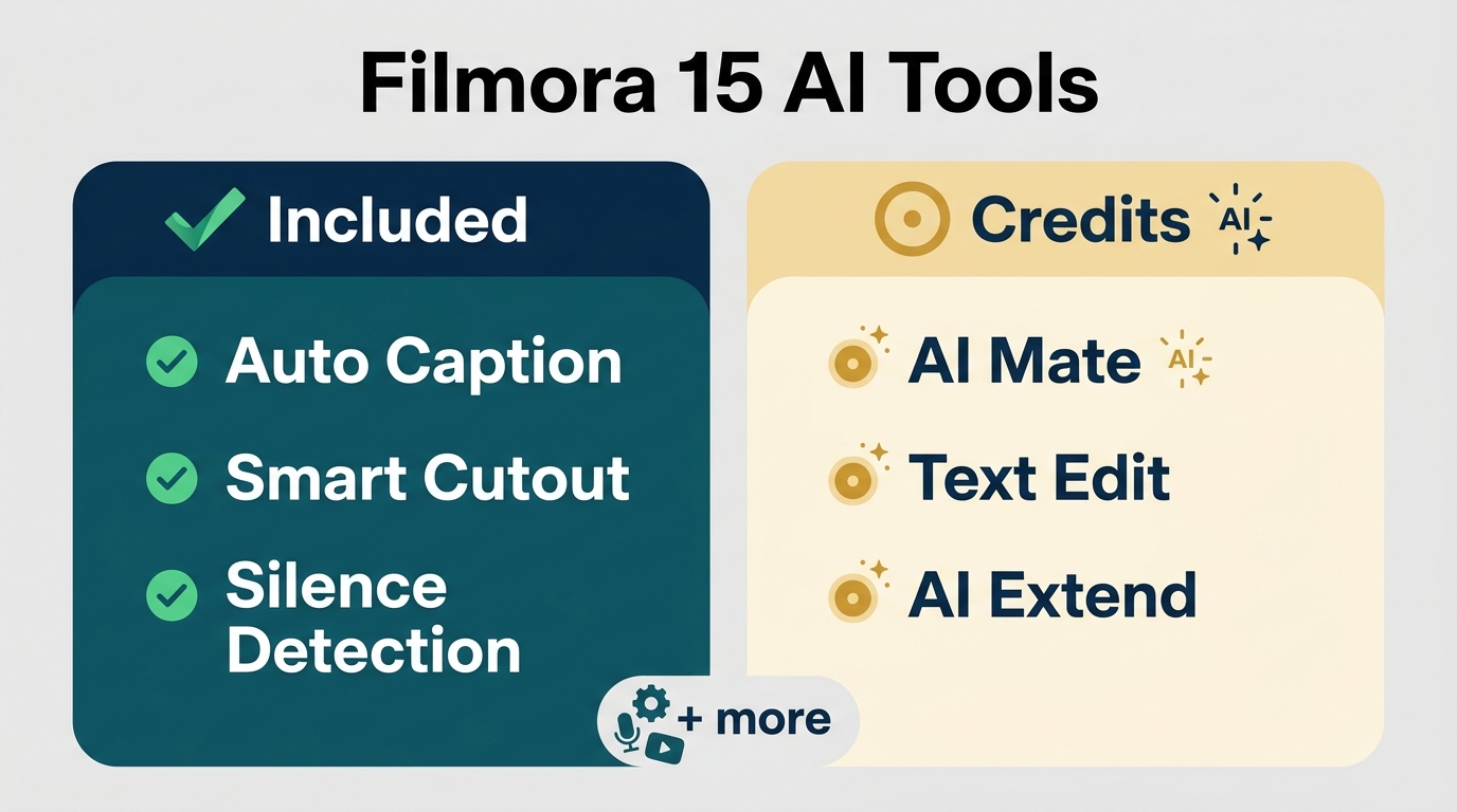Filmora AI tools separated into included features and credit-consuming features.