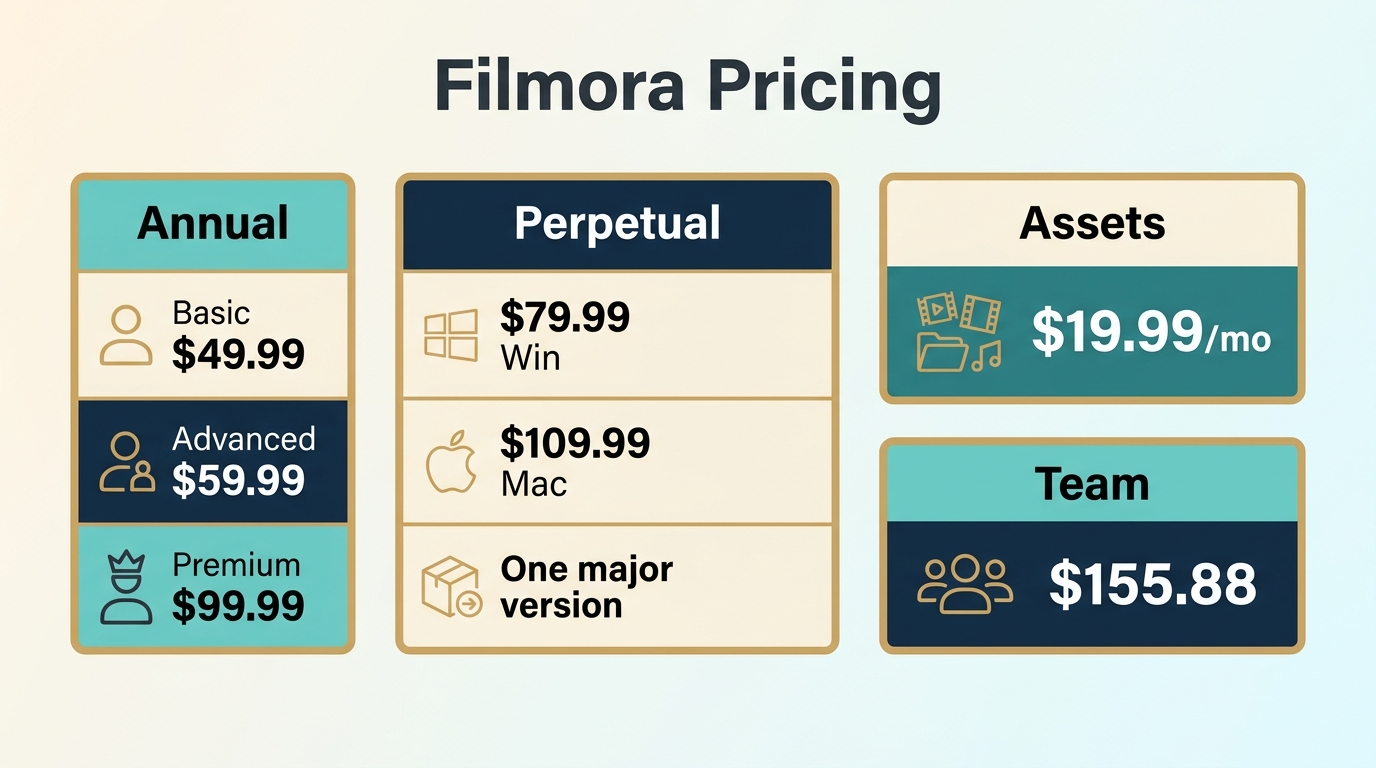Comparison of Filmora 2026 plans, prices, AI credits, and perpetual-plan limits.
