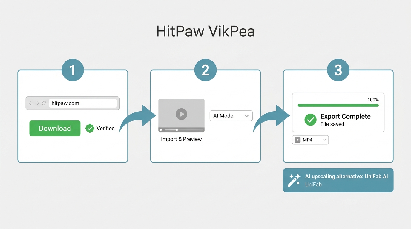 Three-step official VikPea workflow: download from hitpaw.com, import and preview clip, export MP4