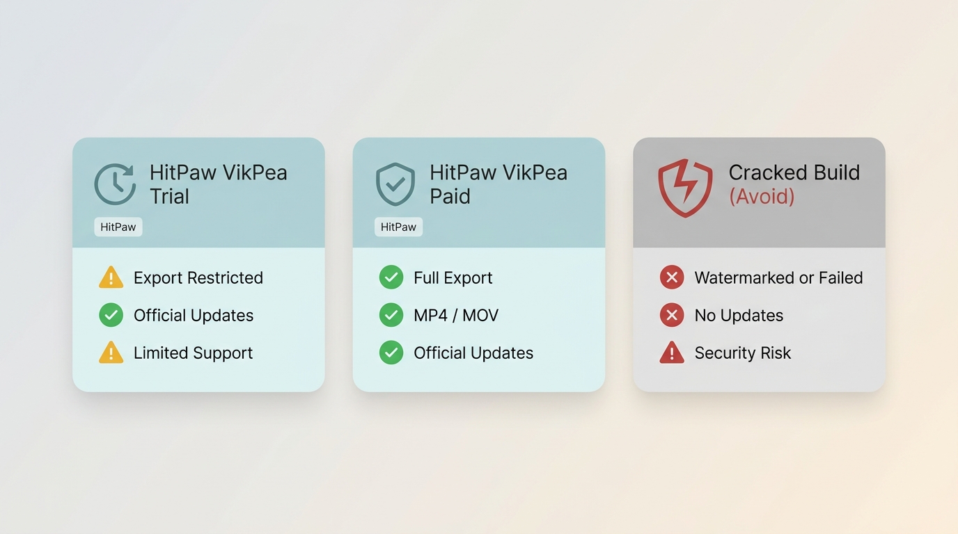 Comparison of VikPea Trial, Paid, and Modified Build: export row shows Modified Build fails or water