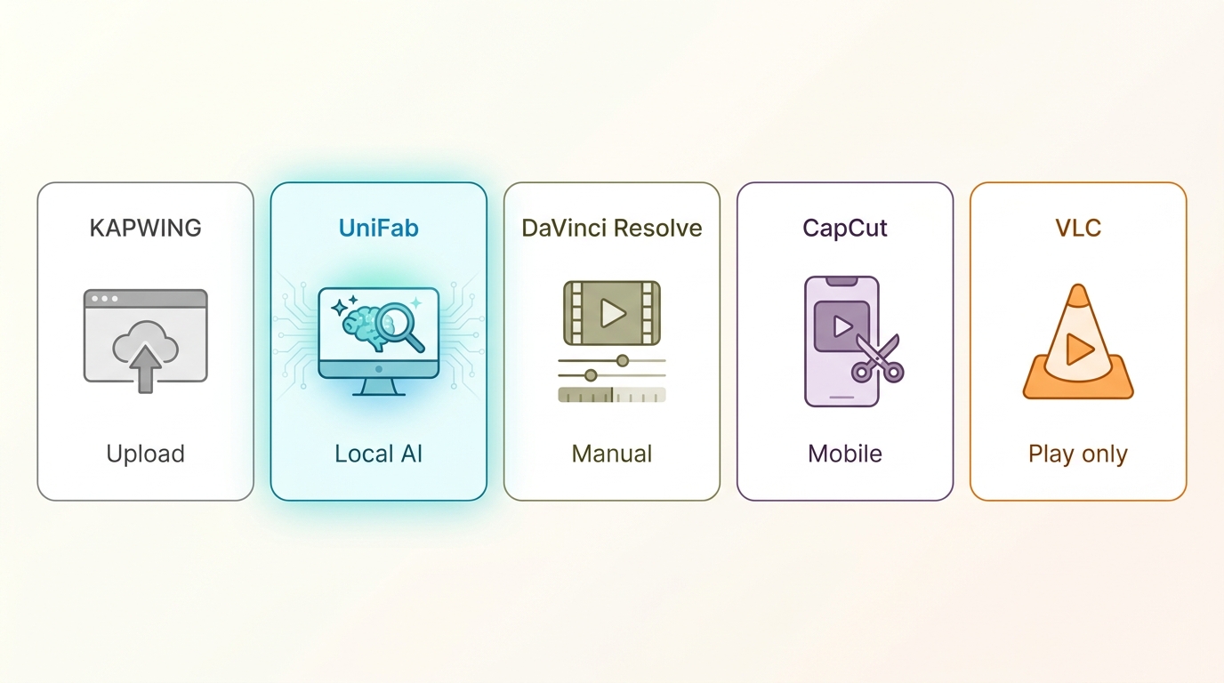 Comparison of KAPWING, UniFab, DaVinci Resolve, CapCut, and VLC clarity workflows.