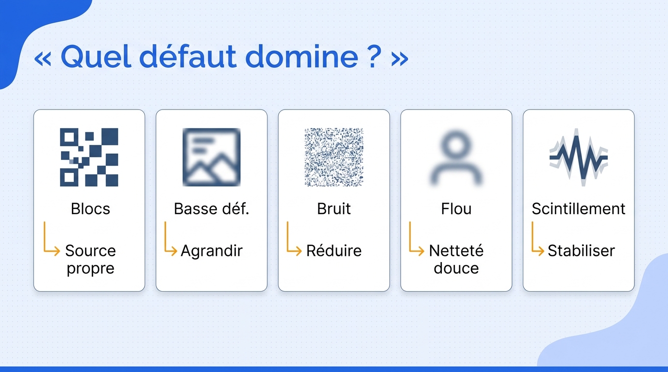 Organigramme en français reliant blocs, faible définition, bruit, flou et scintillement aux premiers