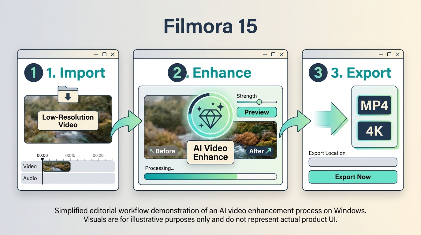 Filmora 15 steps to import a clip, apply AI Video Enhancer, and export MP4.
