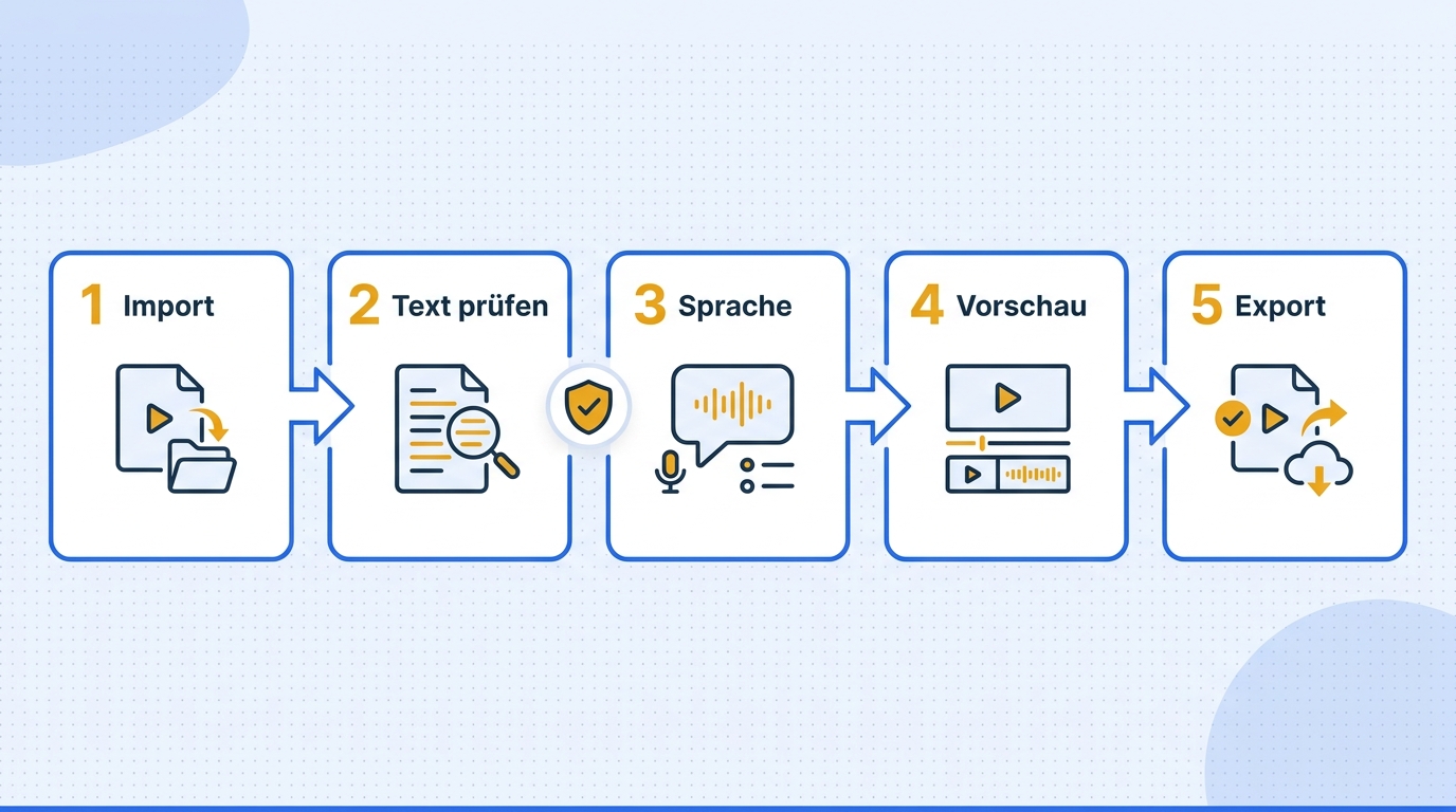 Fünfstufige Zeitleiste für AI Dubbing von Videoimport und Transkript bis Prüfung, Export und Abnahme