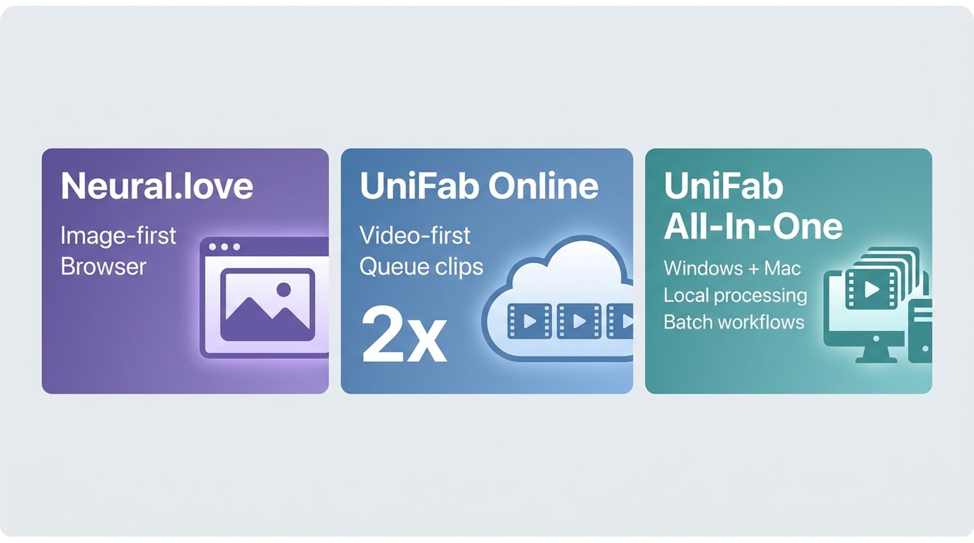 Neural.love, UniFab Online, and UniFab All-In-One workflow comparison