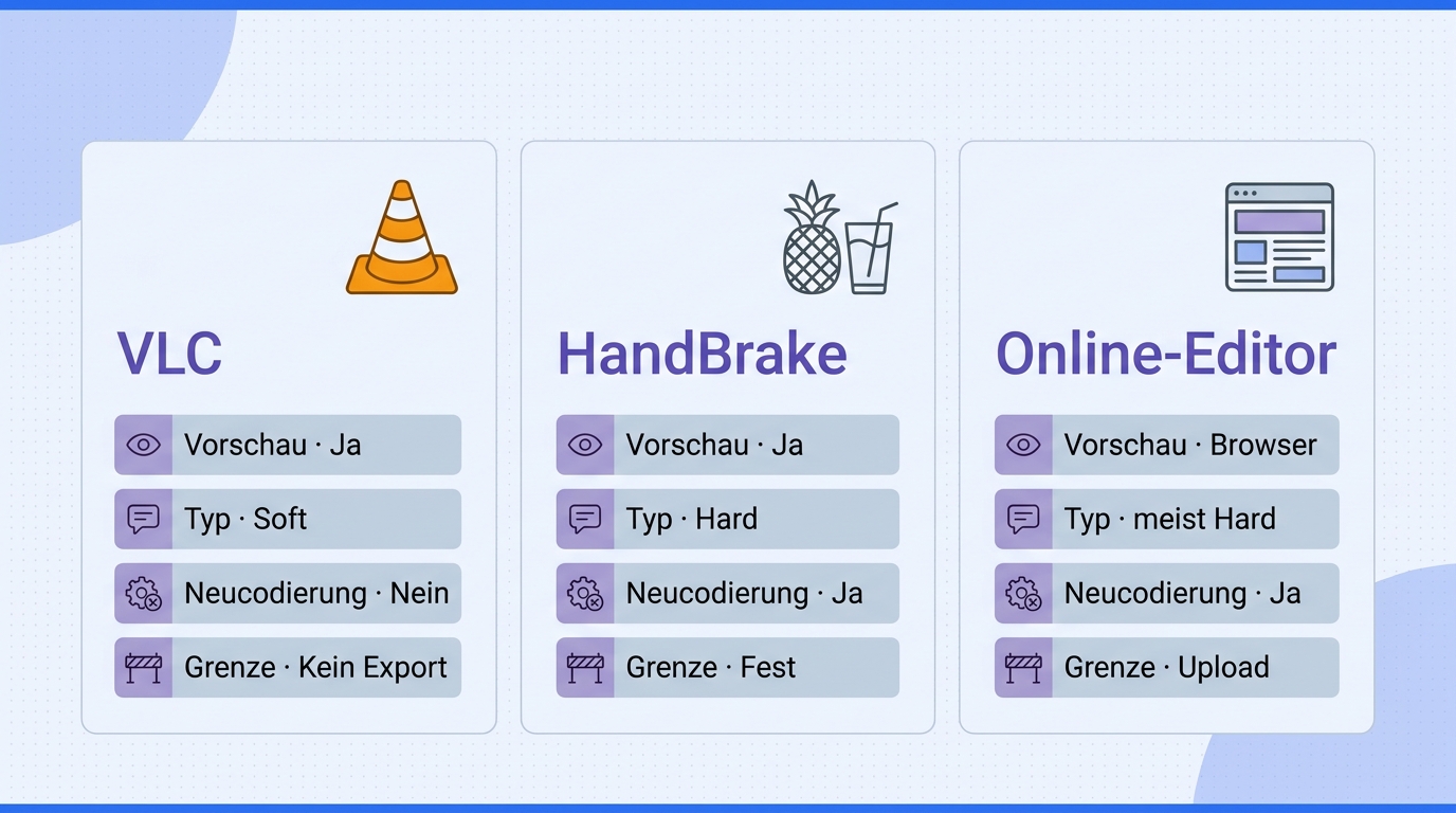 Vergleichsmatrix für VLC, HandBrake und Online-Editor nach Einsatzzweck, Schaltbarkeit, Neucodierung