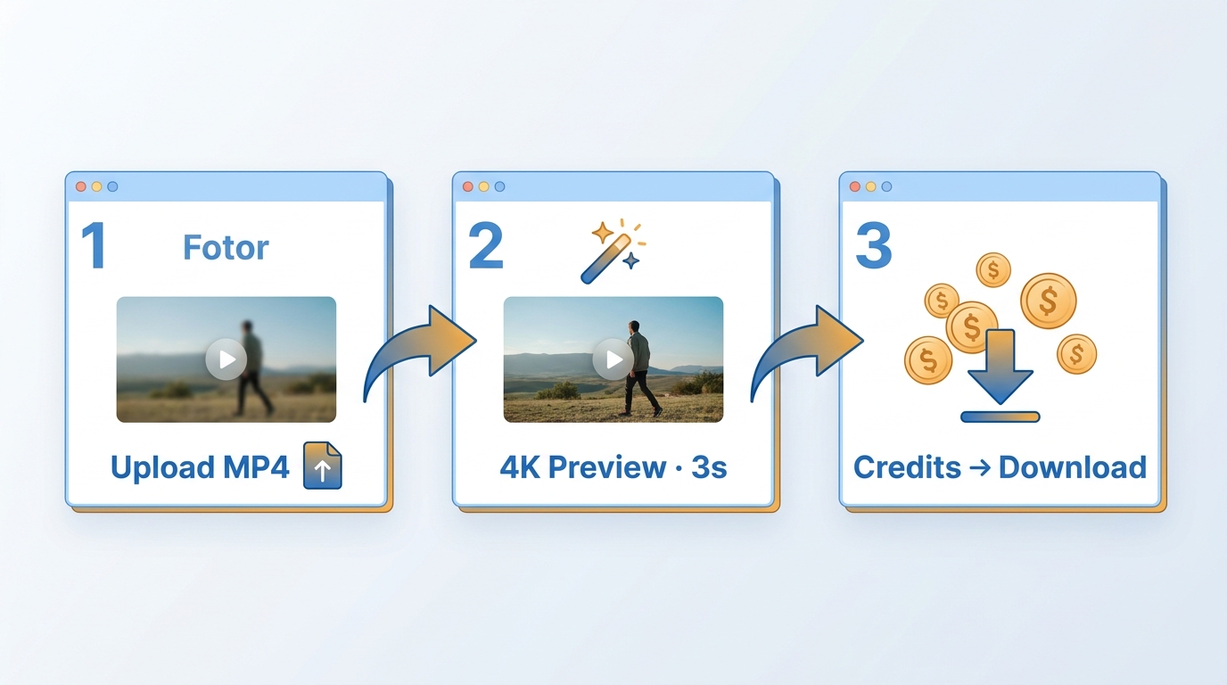 Fotor workflow from video upload and 4K preview to credit-gated download