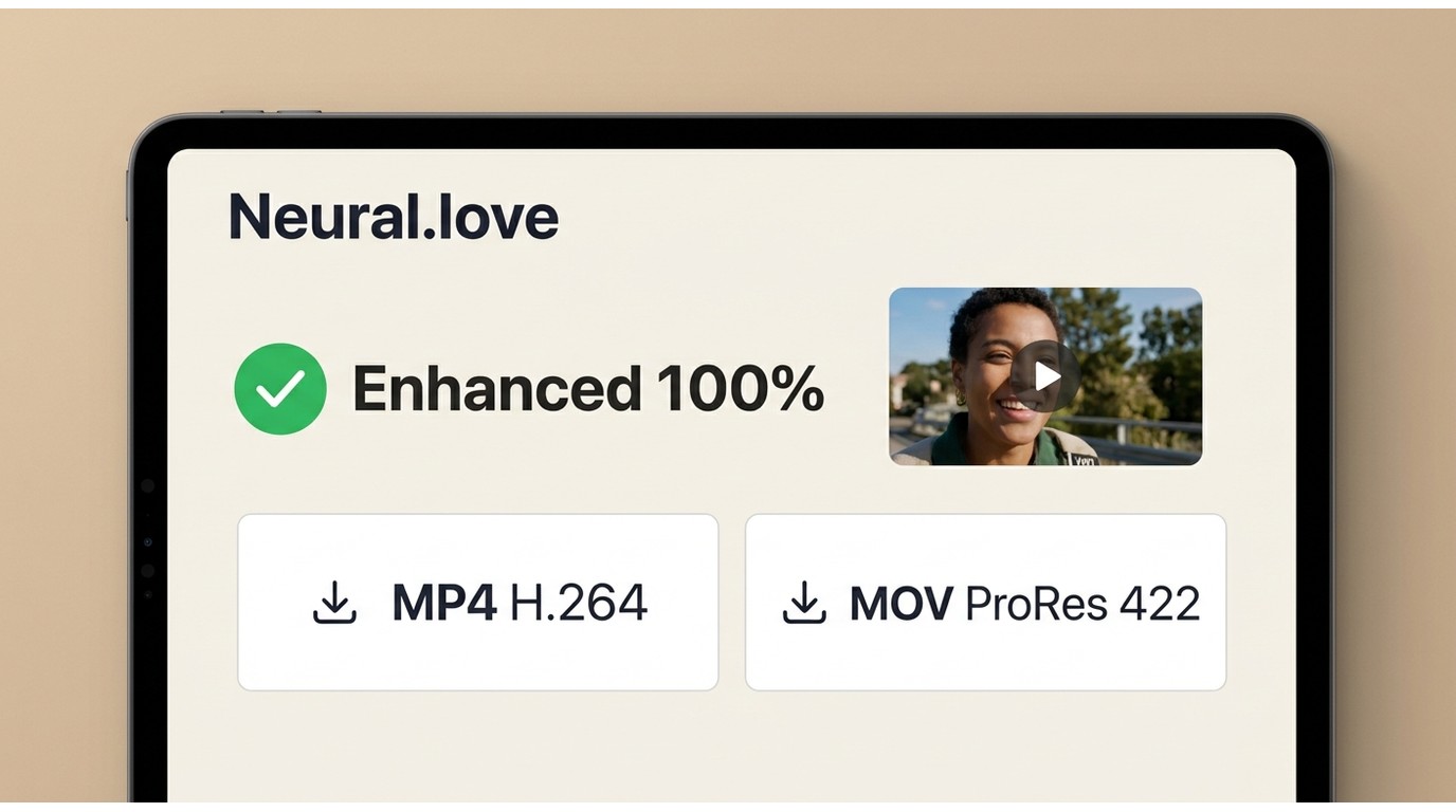 Neural.love completed video enhancement with MP4 H.264 and MOV ProRes 422 downloads