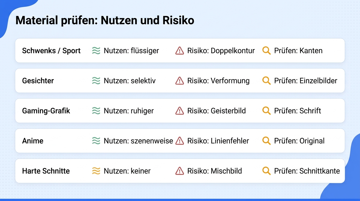 Gleichmäßige Bewegung ist meist leichter zu interpolieren als Verdeckungen, feste Grafiken, Anime-Ti